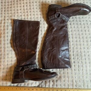Frye Brown Heeled Boots with Studded Straps